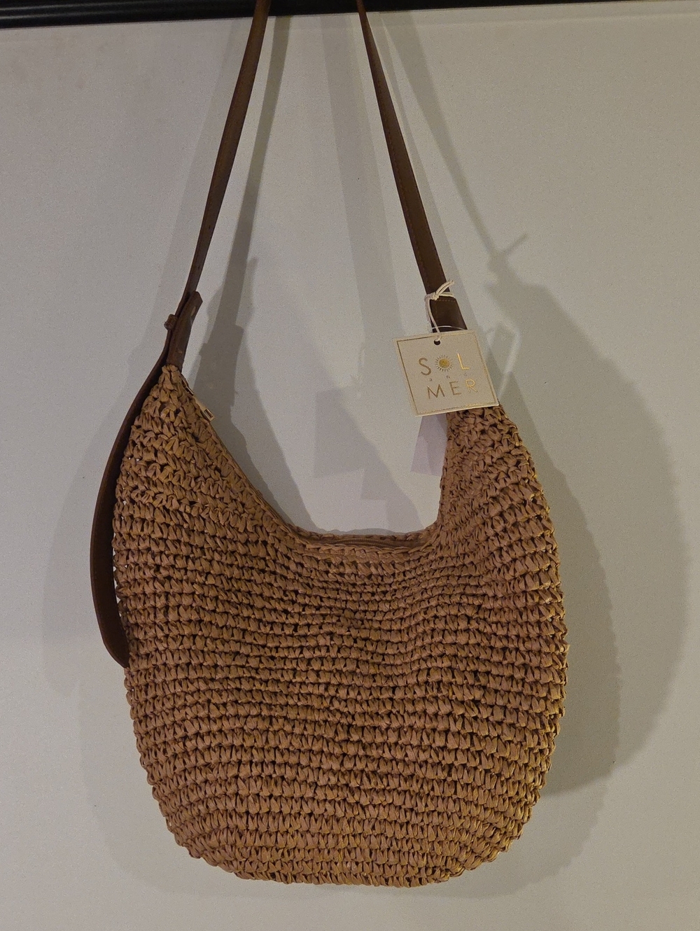 Woven Straw Shoulder Bag with Brown Strap